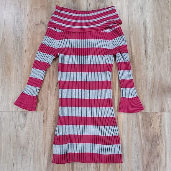 💚Pink Rose Gray & Pink Striped Button Cowl Neck 3/4 Sleeve Sweater Large - Picture 4 of 13